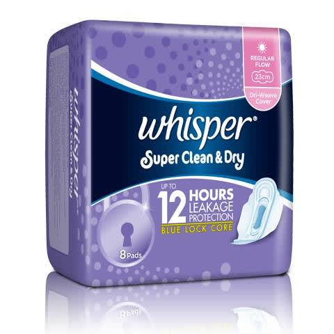 BĂNG VỆ SINH SẠCH MÁT KHÔ THOÁNG CÓ CÁNH WHISPER SUPER CLEAN & DRY REGULAR FLOW NON WINGS 8'S